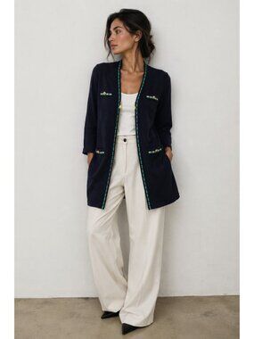 ARA Golf Cardigan Sweater Women’s 12/ EU 40 Navy Green Trim Full Zip Wool Blend